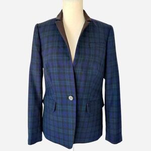 J.Crew Regent wool navy and green tartan plaid blazer with black satin lapel